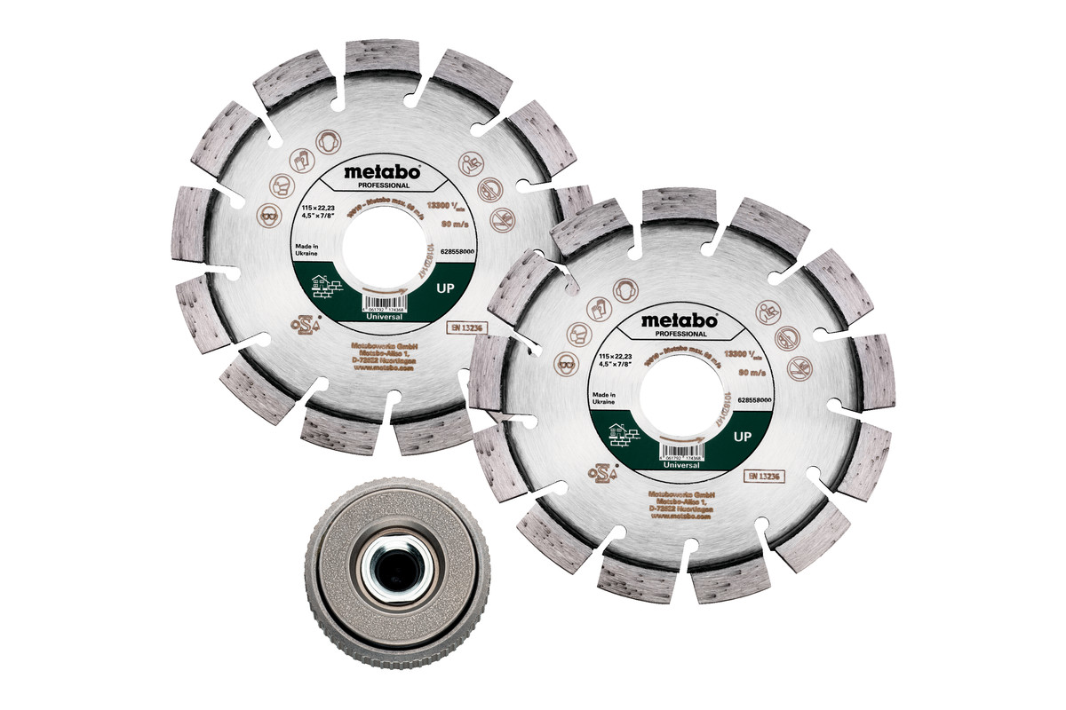 Set: 2xDiamanttrennscheibe 115x22,23mm, "UP"+ 1xQuickspannmutter M 14 (628581000) 